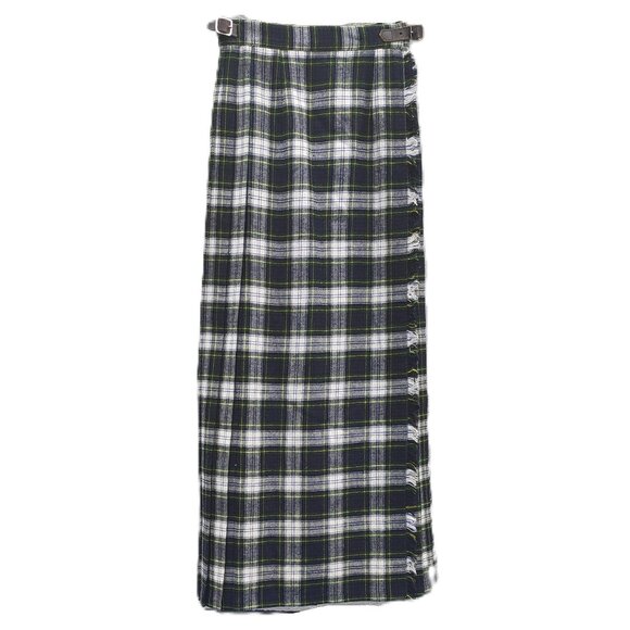 Long Kilt with Leather Fasteners Green Black White Yellow Plaid Size 10 (Medium) - Picture 1 of 10
